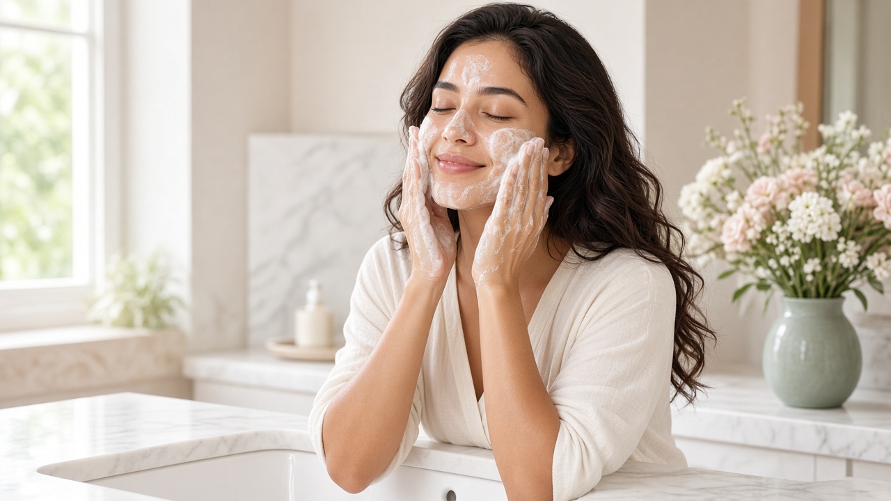 Woman applying a gentle cleanser at a bright vanity