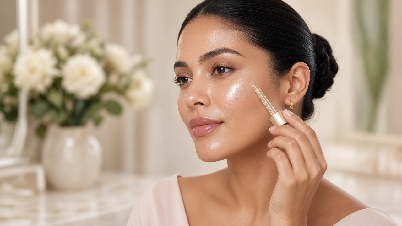 Woman smoothing a serum onto her cheek